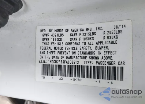 2015 Honda Accord Sport z USA, uszkodzony, nr VIN 1HGCR2F55FA006513